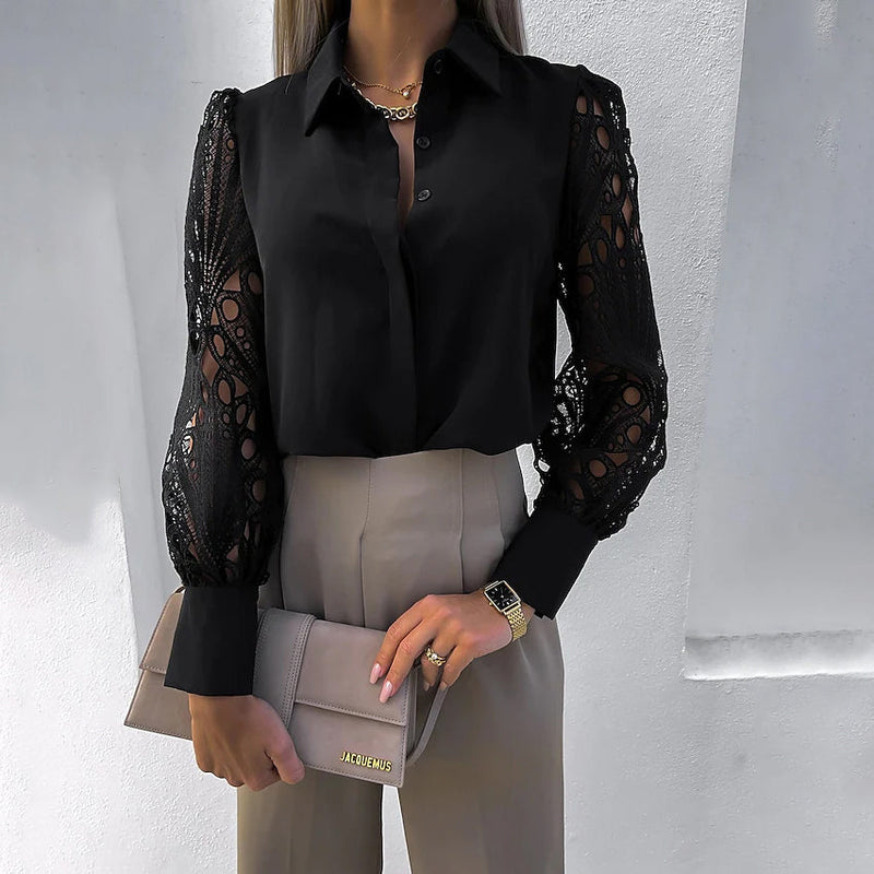 Women's Long Sleeve Cutout Lace Button Down Shirt Women's Tops Black S - DailySale