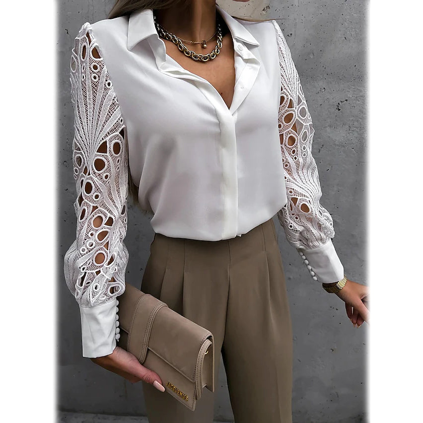 Women's Long Sleeve Cutout Lace Button Down Shirt Women's Tops - DailySale