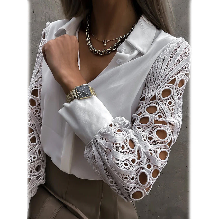 Women's Long Sleeve Cutout Lace Button Down Shirt Women's Tops - DailySale