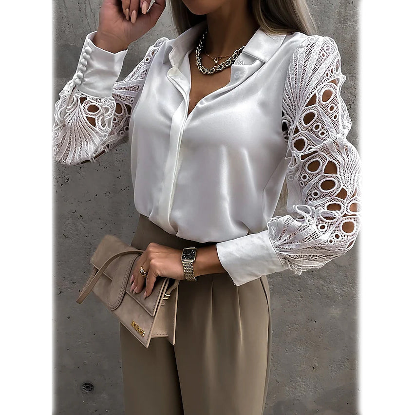 Women's Long Sleeve Cutout Lace Button Down Shirt Women's Tops - DailySale