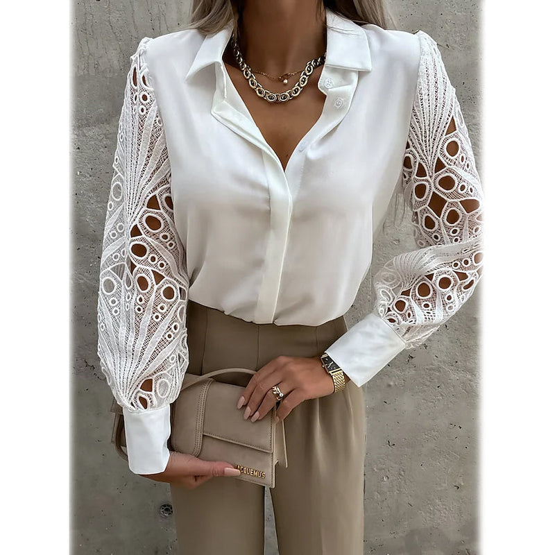 Women's Long Sleeve Cutout Lace Button Down Shirt Women's Tops White S - DailySale