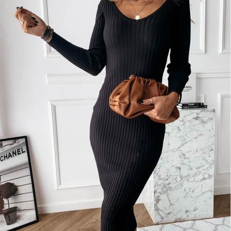 DailySale Women's Long Sleeve Dress V-Neck Casual Dresses Soid Color Stripe Bodycon Dress Plus Size Long Dress | Black | Small