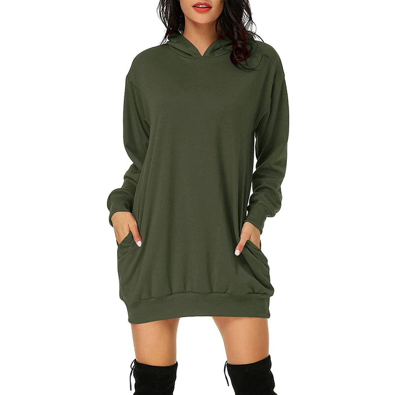 Women's Long Sleeve Hooded Pockets Pullover Hoodie Dress Tunic Sweatshirt Women's Dresses Army Green S - DailySale