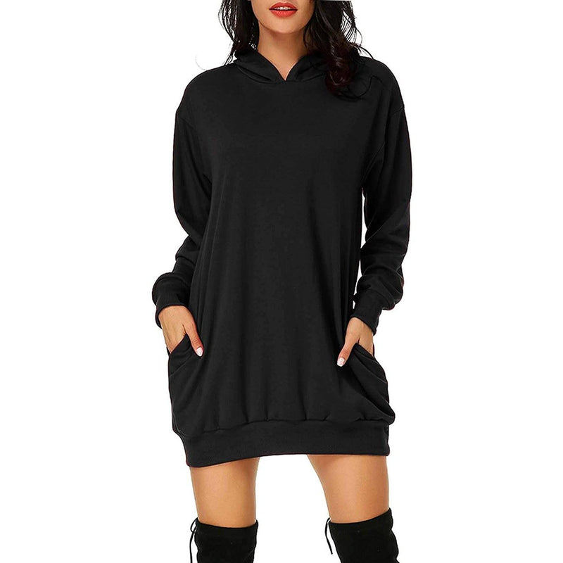 Women's Long Sleeve Hooded Pockets Pullover Hoodie Dress Tunic Sweatshirt Women's Dresses Black S - DailySale