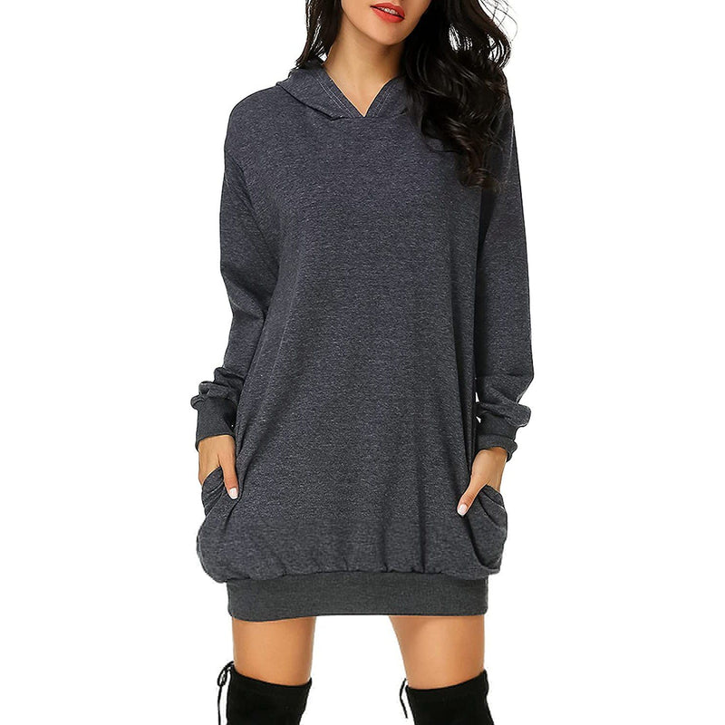 Women's Long Sleeve Hooded Pockets Pullover Hoodie Dress Tunic Sweatshirt Women's Dresses Dark Gray S - DailySale