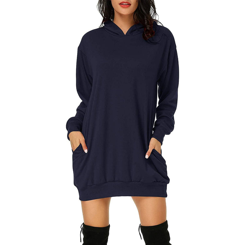 Women's Long Sleeve Hooded Pockets Pullover Hoodie Dress Tunic Sweatshirt Women's Dresses Navy S - DailySale