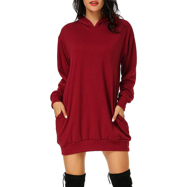 Women's Long Sleeve Hooded Pockets Pullover Hoodie Dress Tunic Sweatshirt Women's Dresses Wine Red S - DailySale