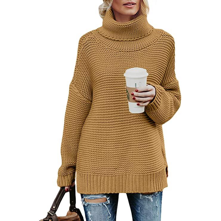 Women's Long Sleeve Knit Pullover Chunky Turtleneck Sweater Top Women's Tops Khaki S - DailySale