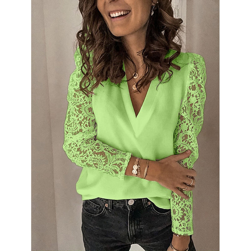 Women's Long Sleeve Lace Patchwork V Neck Top Women's Tops Green S - DailySale