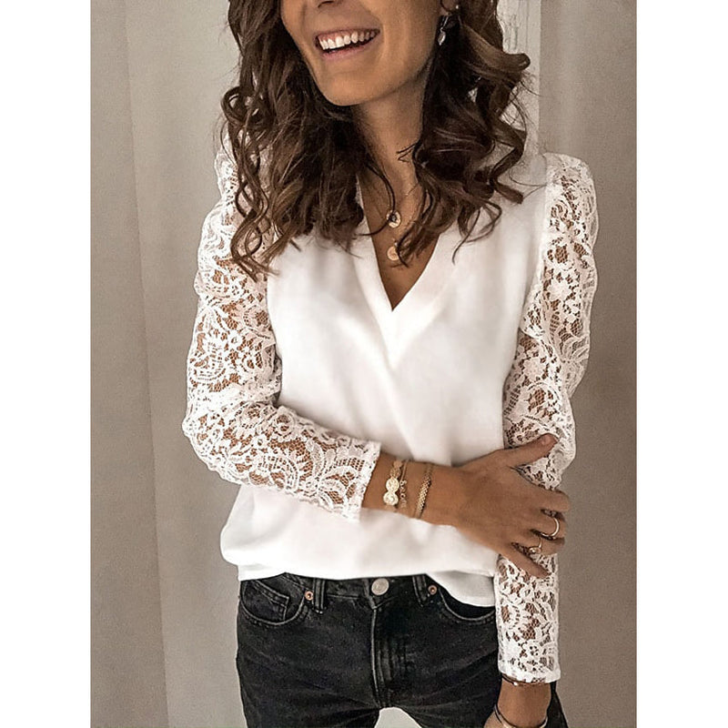 Women's Long Sleeve Lace Patchwork V Neck Top Women's Tops White S - DailySale