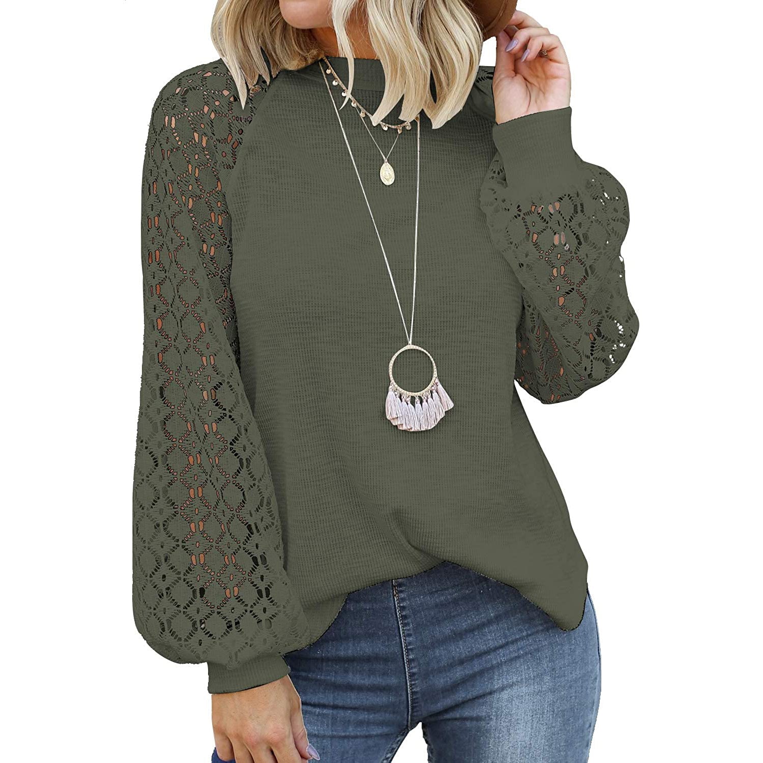 Women's Long Sleeve Lace Top in army green