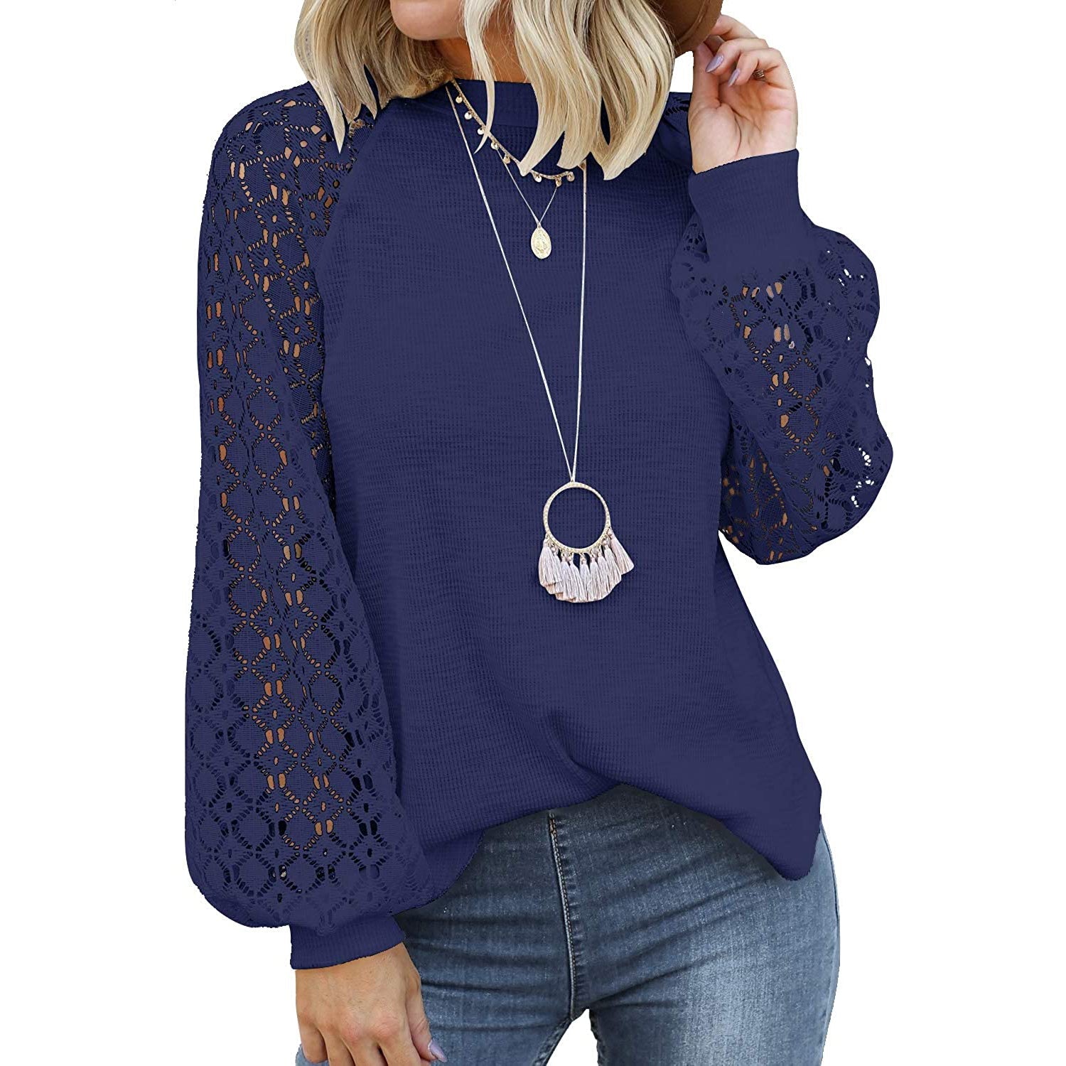 Women's Long Sleeve Lace Top in navy