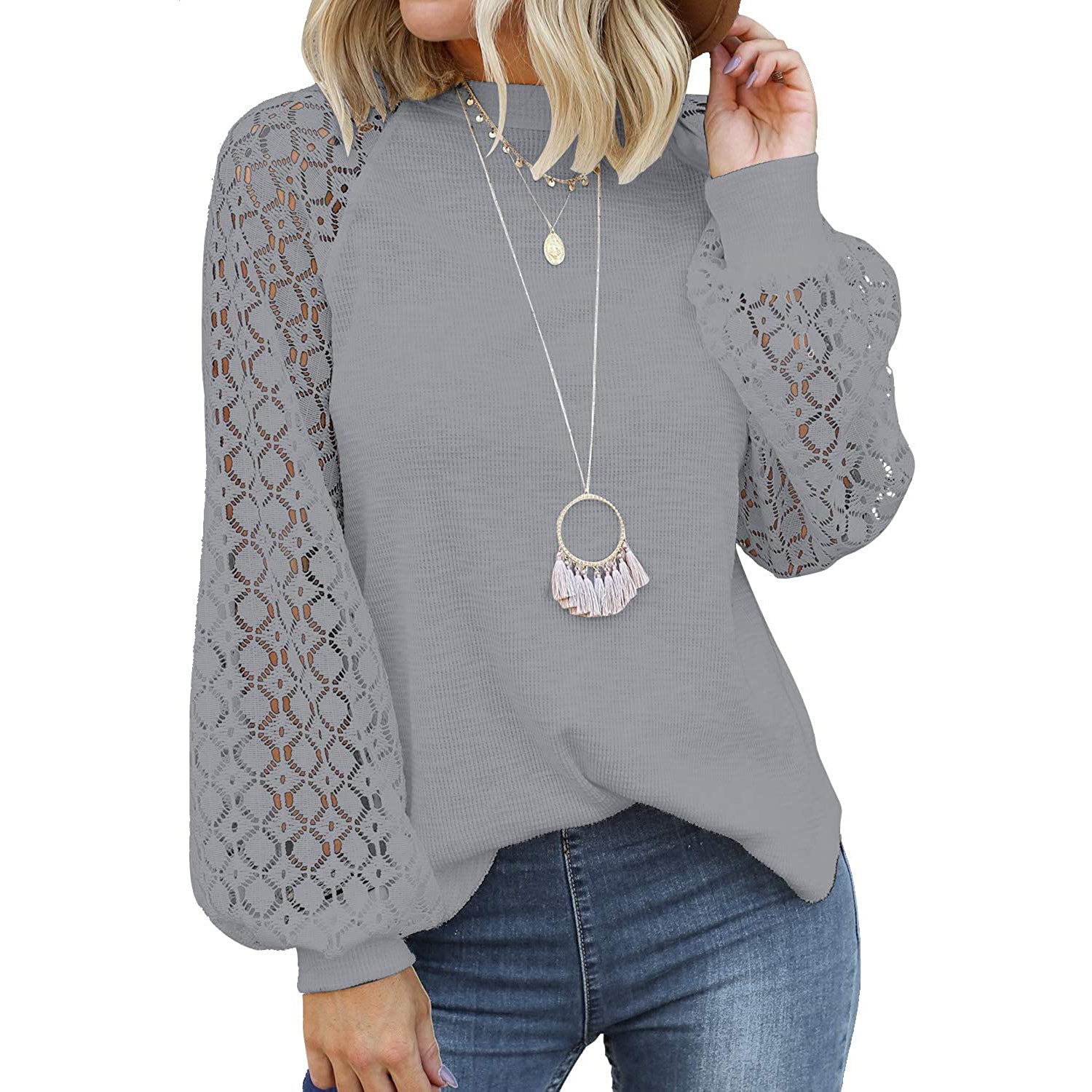 Women's Long Sleeve Lace Top in gray