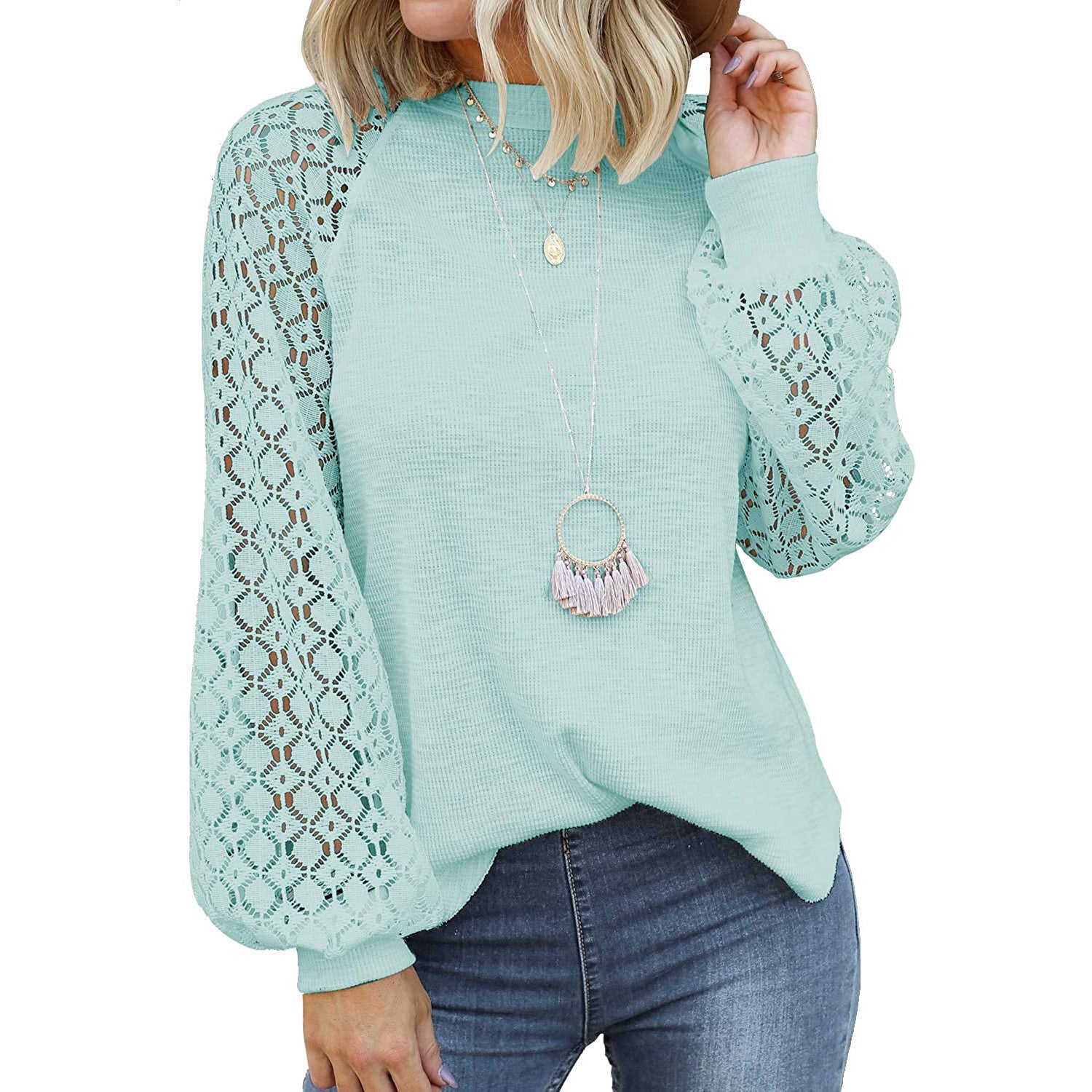 Women's Long Sleeve Lace Top in lake blue