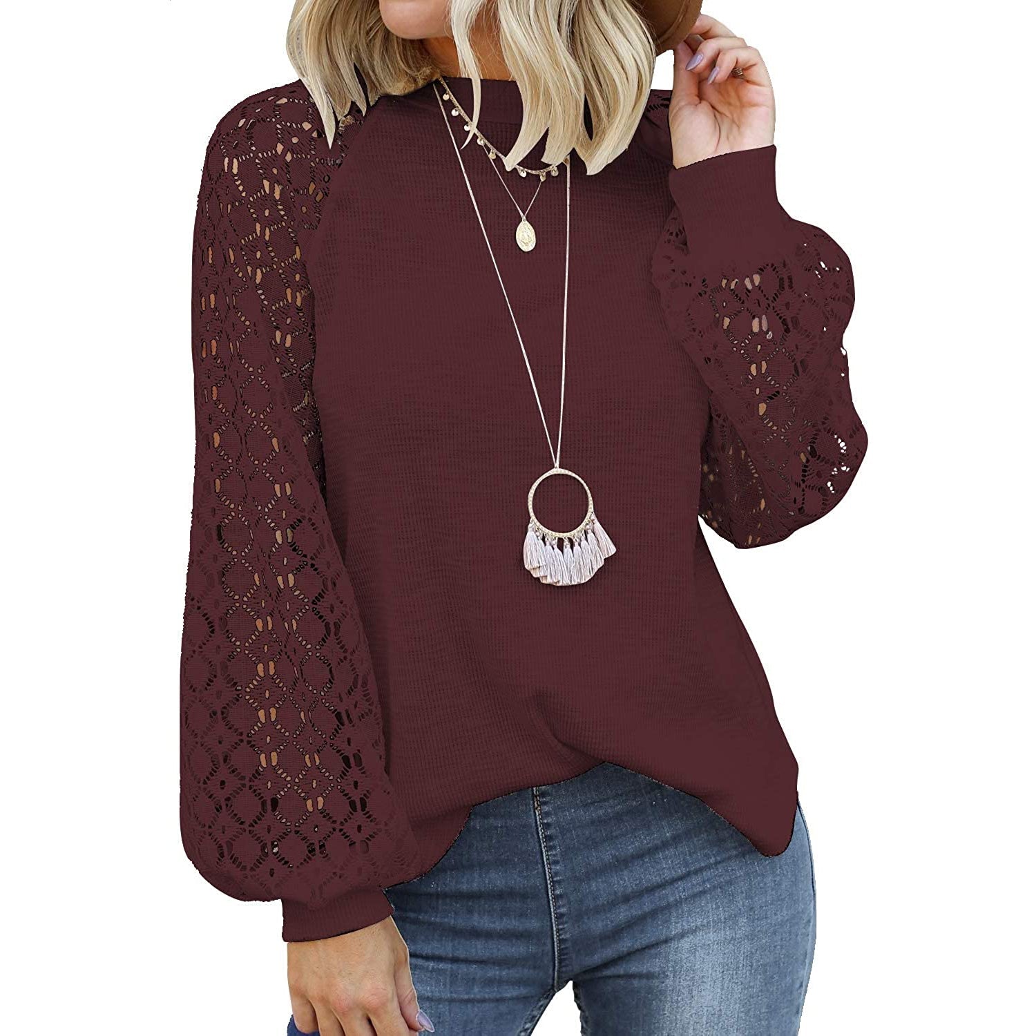 Women's Long Sleeve Lace Top in wine red