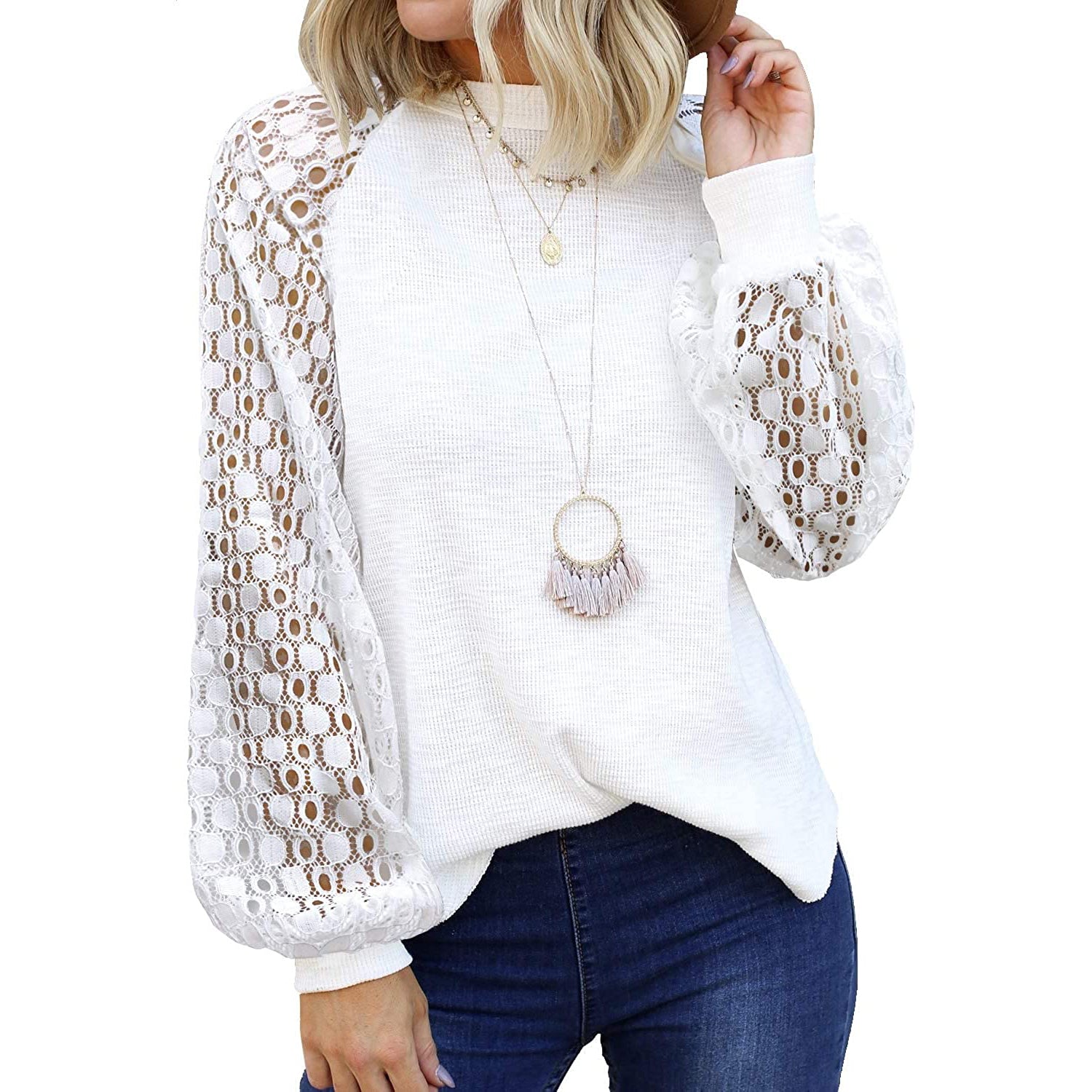 Women's Long Sleeve Lace Top in white