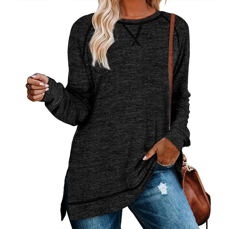Women's Long Sleeve Loose Casual Autumn Pullover Side Slit Tunic Top Women's Clothing Black/Gray S - DailySale