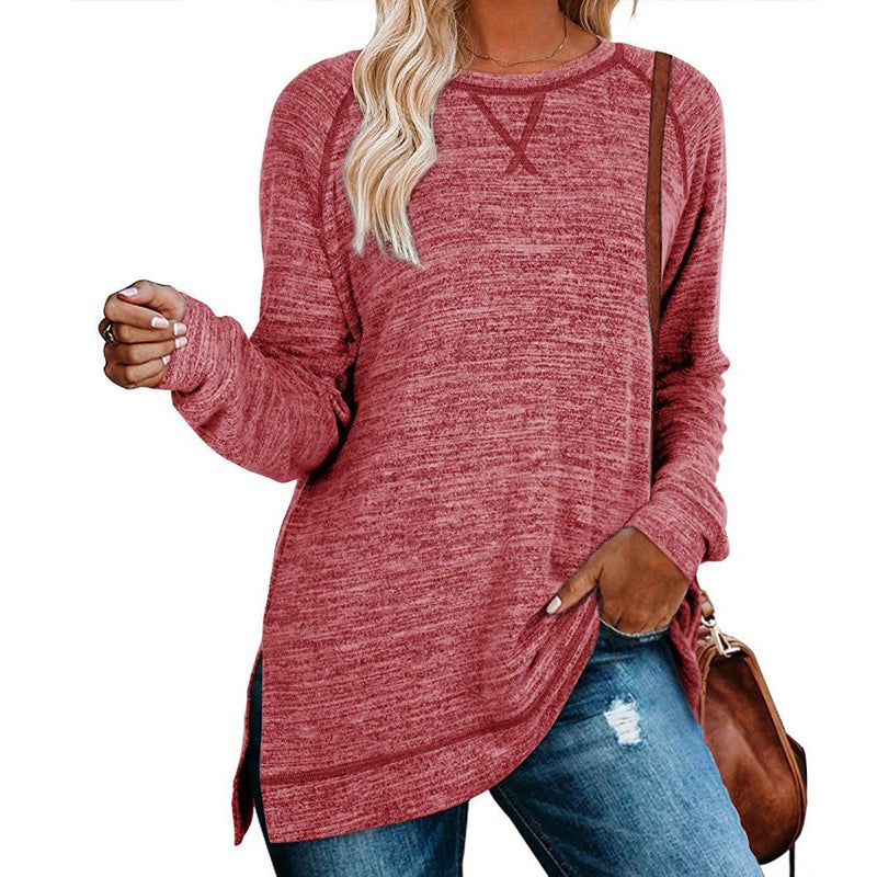 Women's Long Sleeve Loose Casual Autumn Pullover Side Slit Tunic Top Women's Clothing Burgundy S - DailySale