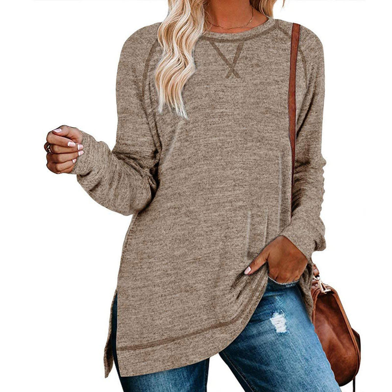 Women's Long Sleeve Loose Casual Autumn Pullover Side Slit Tunic Top Women's Clothing Coffee S - DailySale