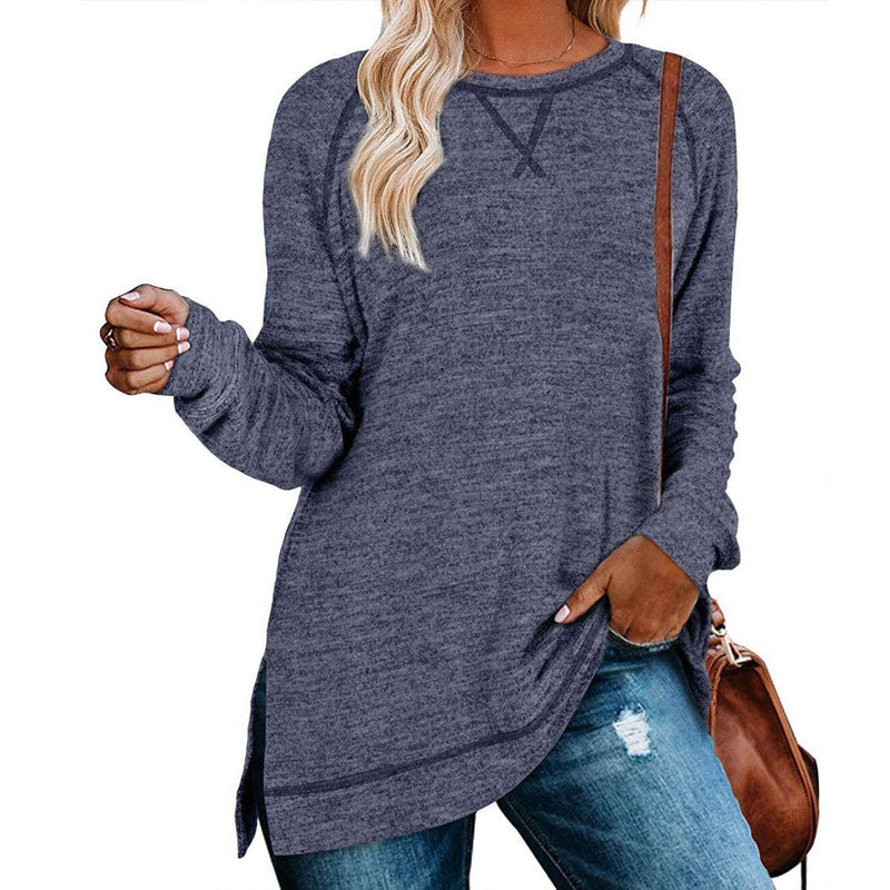 Women's Long Sleeve Loose Casual Autumn Pullover Side Slit Tunic Top Women's Clothing Navy S - DailySale