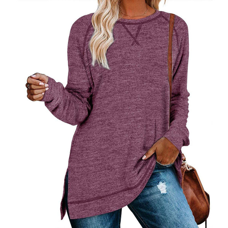 Women's Long Sleeve Loose Casual Autumn Pullover Side Slit Tunic Top Women's Clothing Purple S - DailySale