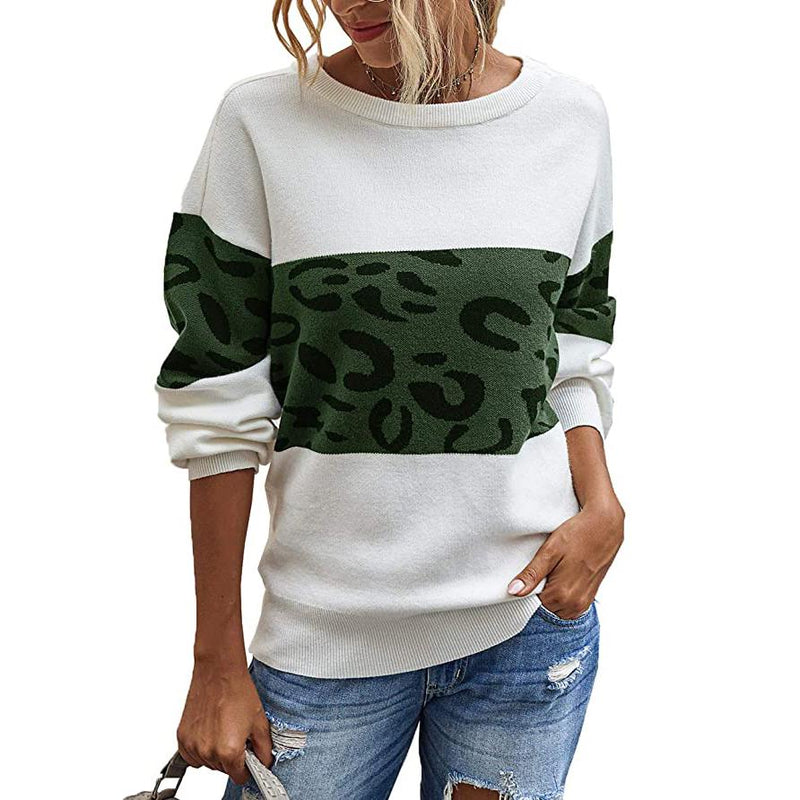 Women’s Long Sleeve Off Shoulder Knitted Leopard Print Sweater Women's Tops Army Green S - DailySale