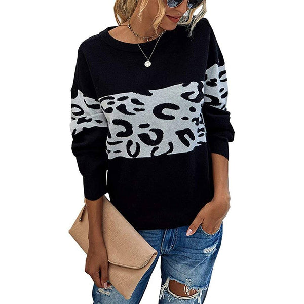 Women’s Long Sleeve Off Shoulder Knitted Leopard Print Sweater Women's Tops Black S - DailySale