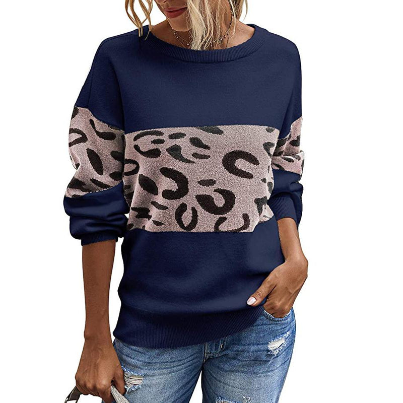Women’s Long Sleeve Off Shoulder Knitted Leopard Print Sweater Women's Tops Dark Blue S - DailySale