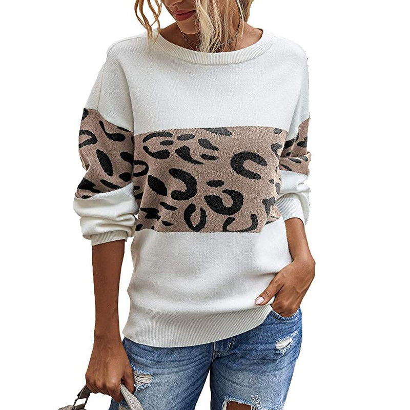 Women’s Long Sleeve Off Shoulder Knitted Leopard Print Sweater Women's Tops Khaki S - DailySale