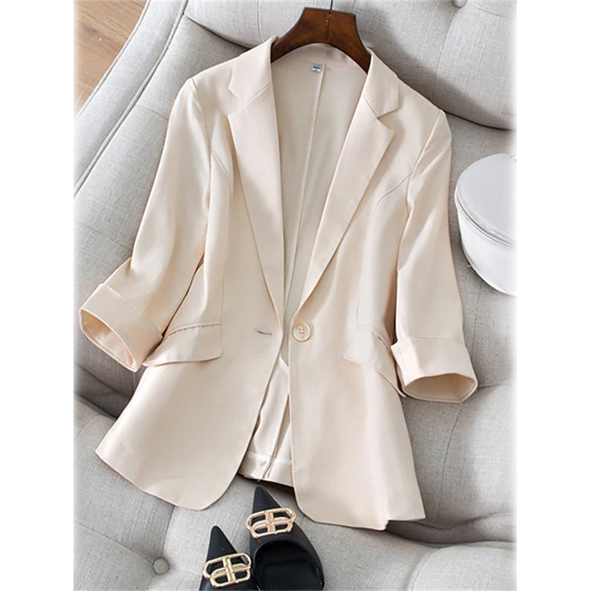 Women's Long Sleeve Pocket Casual Blazer Women's Outerwear Apricot S - DailySale