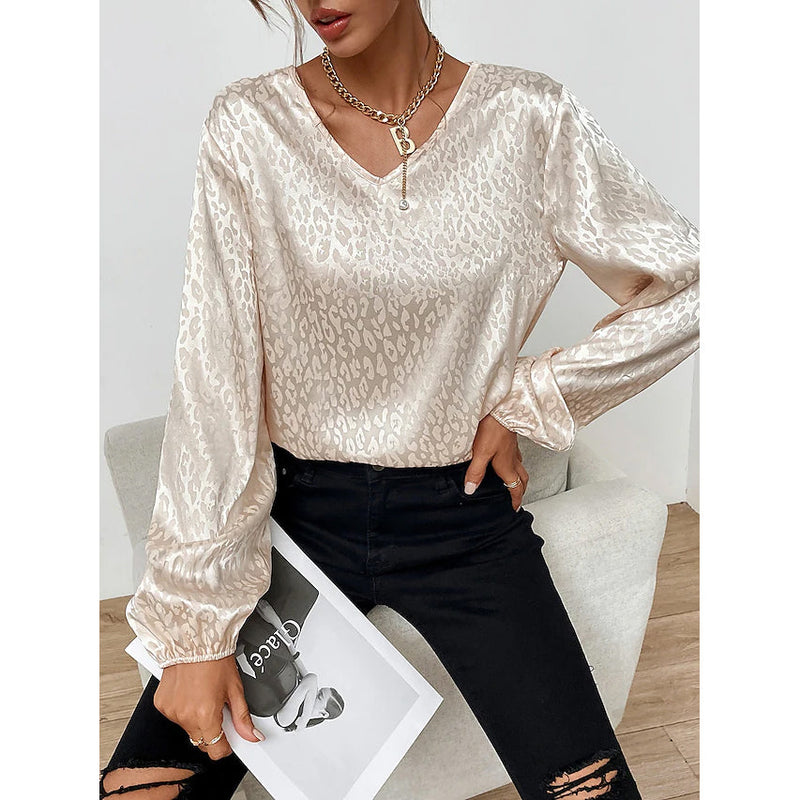 Women's Long Sleeve Printed Shirt Women's Tops Beige S - DailySale