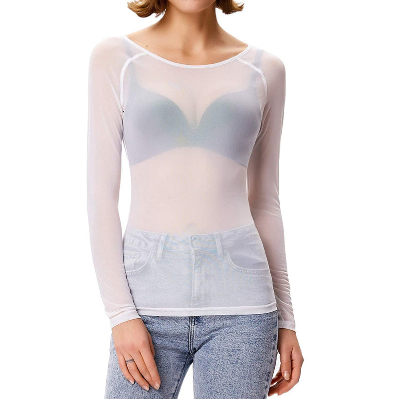 Women See Through Crop Tops Soft Mesh Sheer Long Sleeve Short Blouse T-shirt