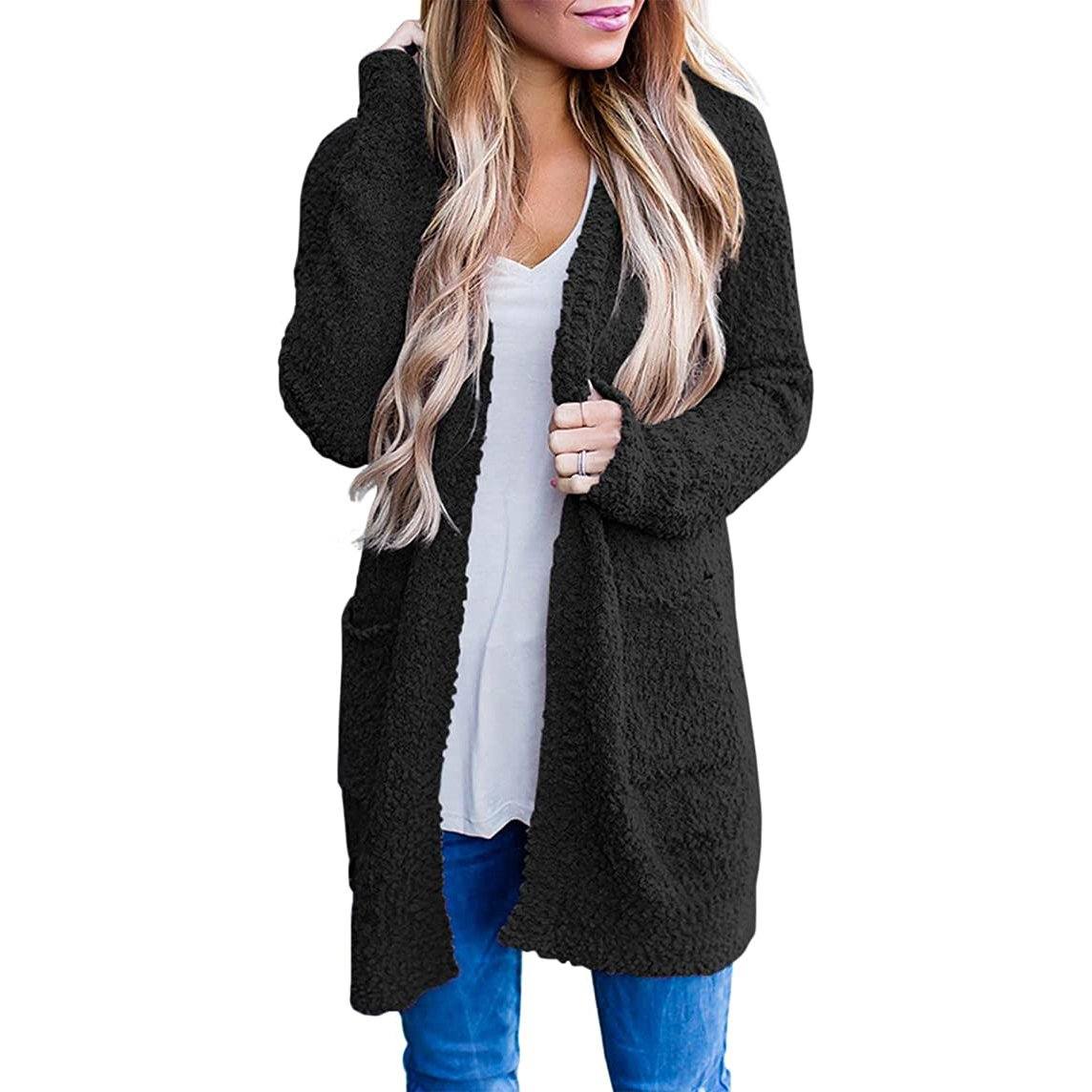 Women's Long Sleeve Soft Chunky Knit Sweater Coat Women's Outerwear Black S - DailySale