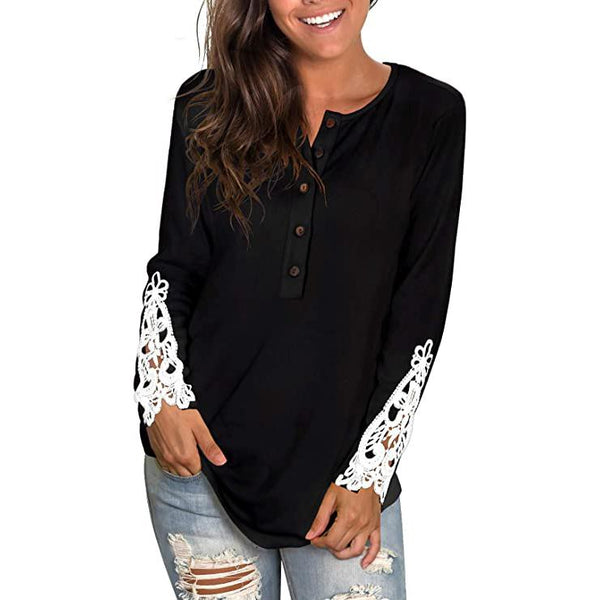 Women's Long Sleeve Solid Color Round Neck Lace Buttons Tunic Tops Women's Tops Black S - DailySale