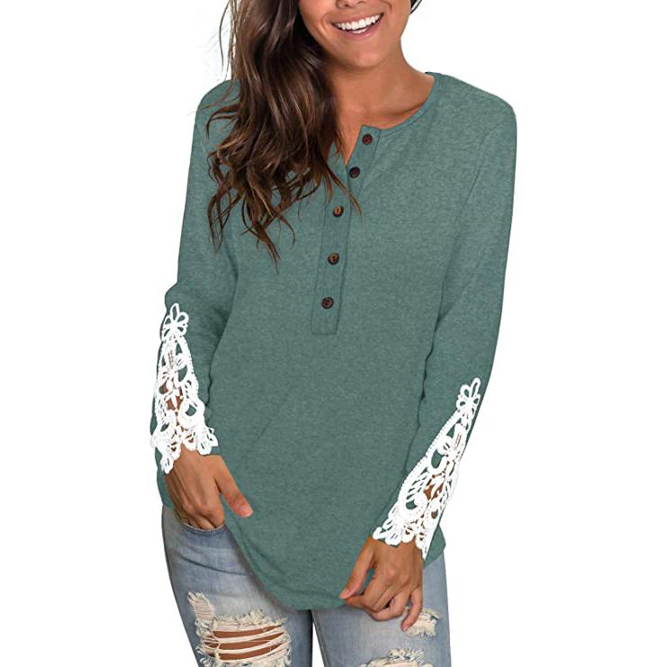 Women's Long Sleeve Solid Color Round Neck Lace Buttons Tunic Tops Women's Tops Blue Green S - DailySale