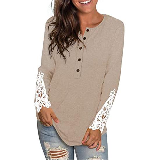 Women's Long Sleeve Solid Color Round Neck Lace Buttons Tunic Tops Women's Tops Khaki S - DailySale