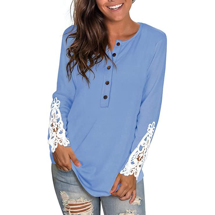 Women's Long Sleeve Solid Color Round Neck Lace Buttons Tunic Tops Women's Tops Light Blue S - DailySale
