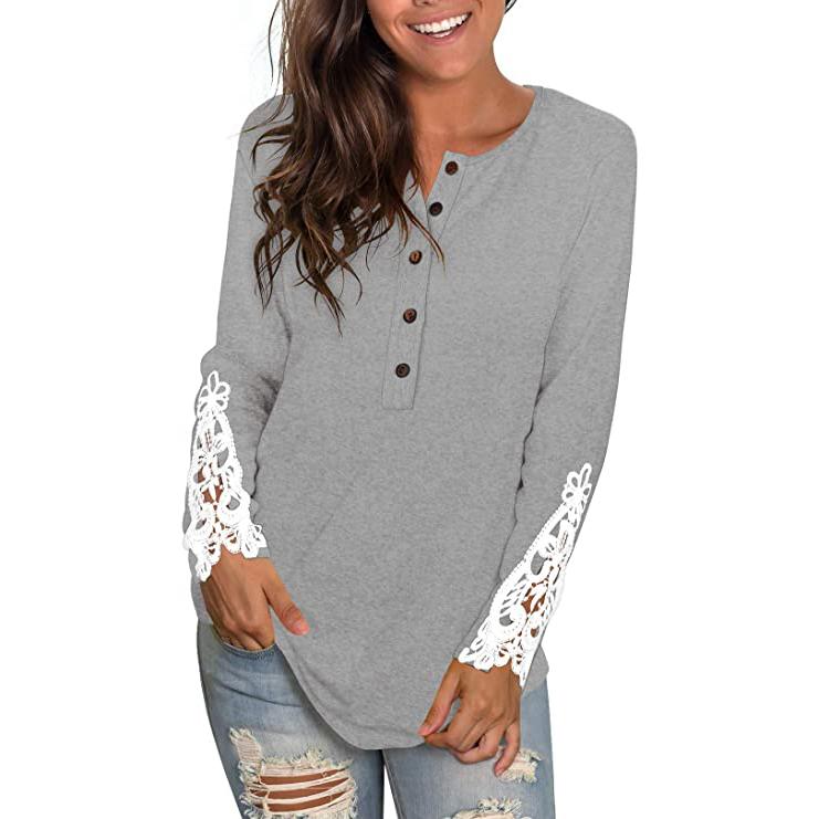 Women's Long Sleeve Solid Color Round Neck Lace Buttons Tunic Tops Women's Tops Light Gray S - DailySale