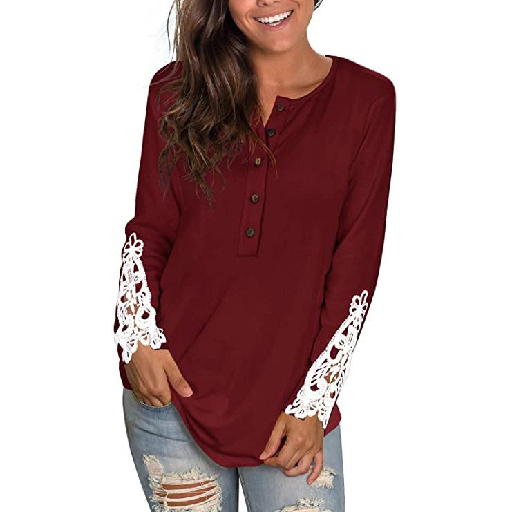 Women's Long Sleeve Solid Color Round Neck Lace Buttons Tunic Tops Women's Tops Red S - DailySale
