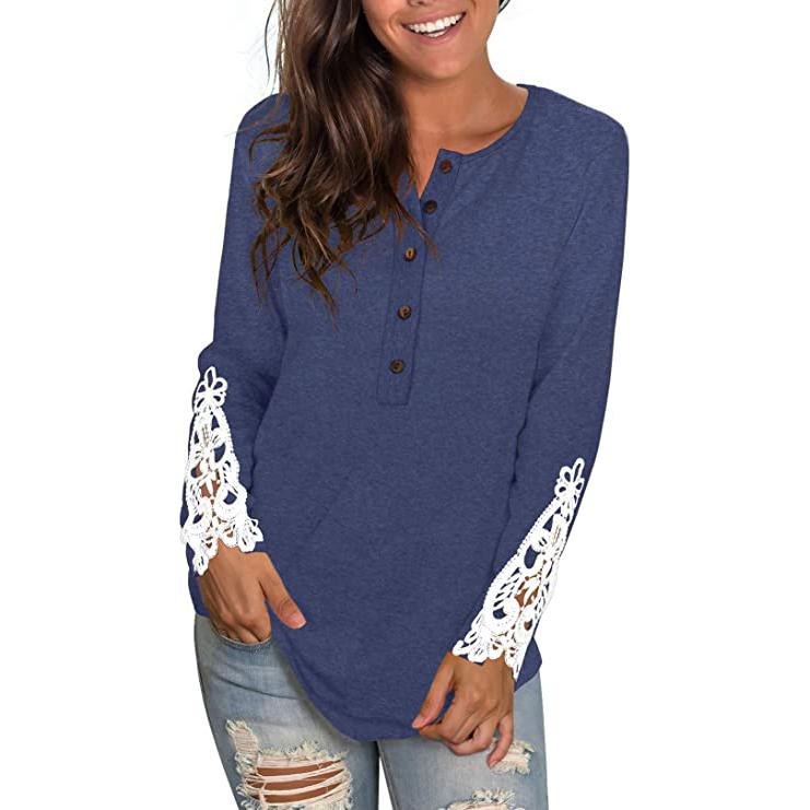 Women's Long Sleeve Solid Color Round Neck Lace Buttons Tunic Tops Women's Tops Royal Blue S - DailySale