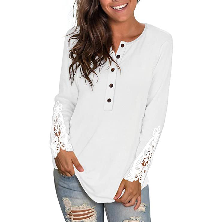 Women's Long Sleeve Solid Color Round Neck Lace Buttons Tunic Tops Women's Tops White S - DailySale