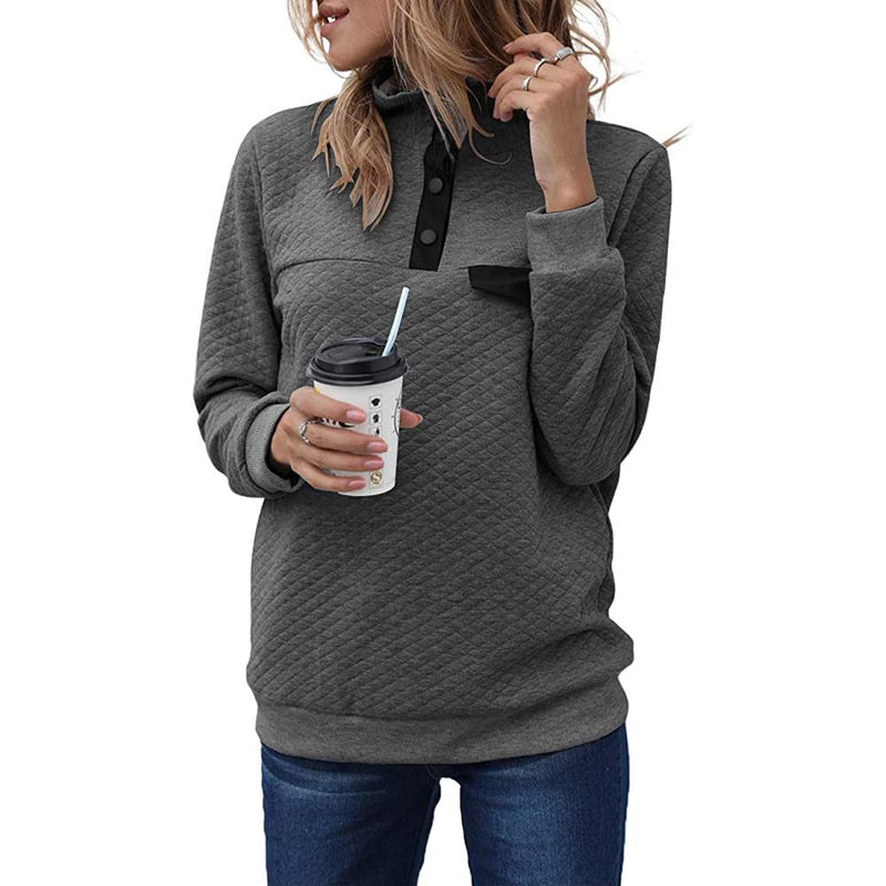 Women's Long Sleeve V Neck Button Quilted Patchwork Pullover Sweatshirt Tops Women's Tops Charcoal S - DailySale