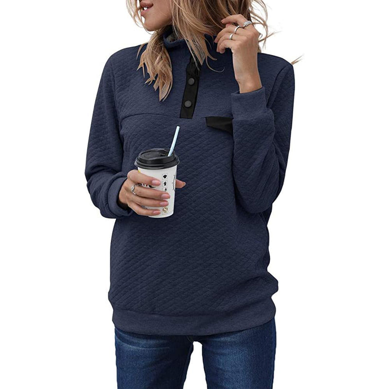 Women's Long Sleeve V Neck Button Quilted Patchwork Pullover Sweatshirt Tops Women's Tops Navy S - DailySale