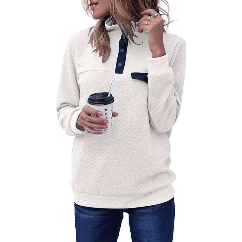 Women's Long Sleeve V Neck Button Quilted Patchwork Pullover Sweatshirt Tops Women's Tops White S - DailySale