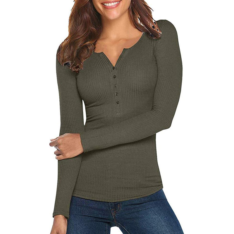 Smiling woman with her left arm over the right arm wearing a Long Sleeve V Neck Ribbed Button Down Knit Sweater Fitted Top in army green, available at Dailysale