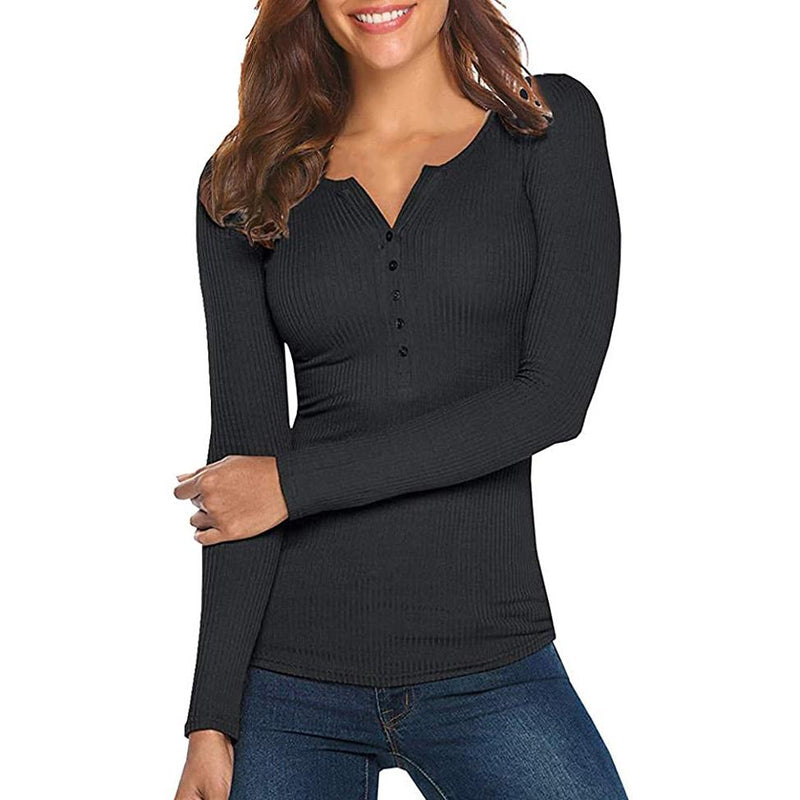 Smiling woman with her left arm over the right arm wearing a Long Sleeve V Neck Ribbed Button Down Knit Sweater Fitted Top in black, available at Dailysale