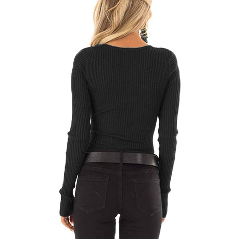 Women's Long Sleeve V Neck Ribbed Button Down Knit Sweater Fitted Top Women's Tops - DailySale