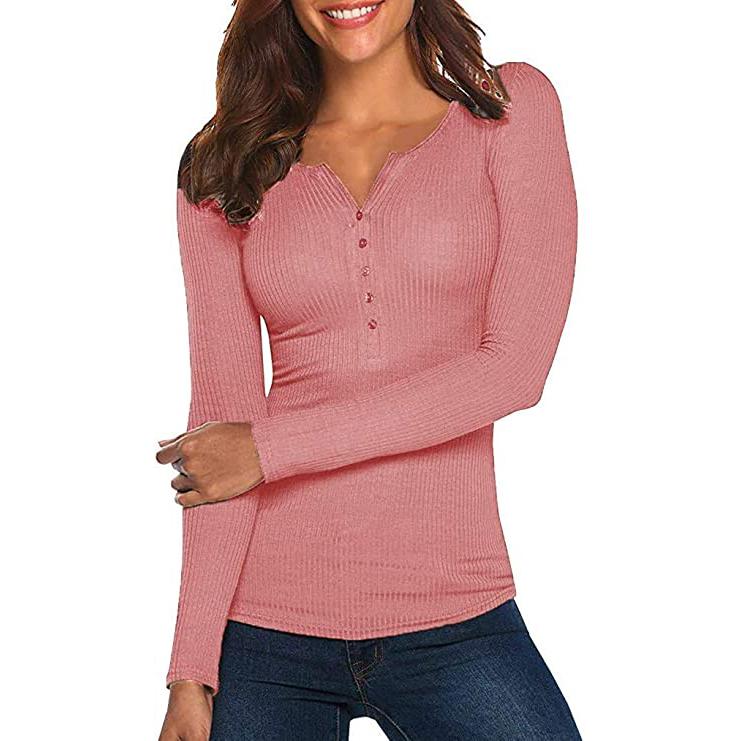 Smiling woman with her left arm over the right arm wearing a Long Sleeve V Neck Ribbed Button Down Knit Sweater Fitted Top in pink, available at Dailysale