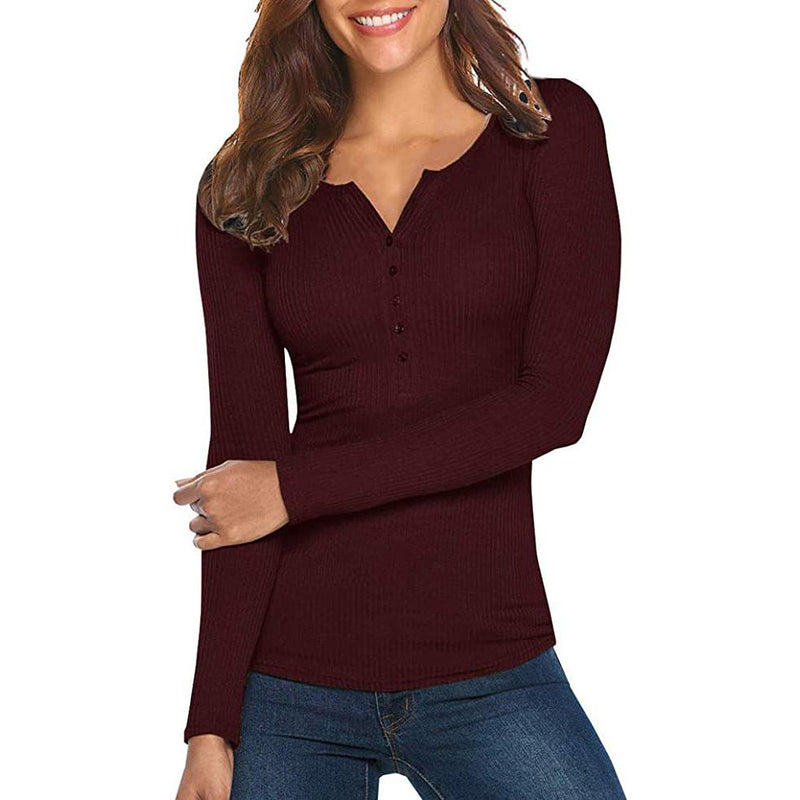 Smiling woman with her left arm over the right arm wearing a Long Sleeve V Neck Ribbed Button Down Knit Sweater Fitted Top in wine red, available at Dailysale