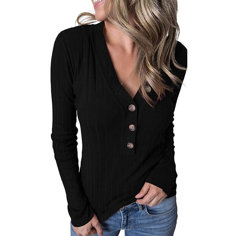 Women's Long Sleeve V Neck Ribbed Button Knit Sweater